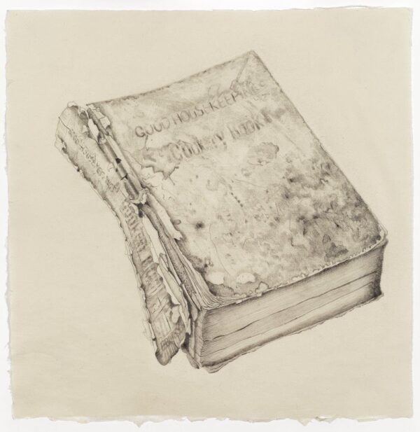Drawing of a well used Good Housekeeping Cookery Book. 34x33cm, pencil on paper